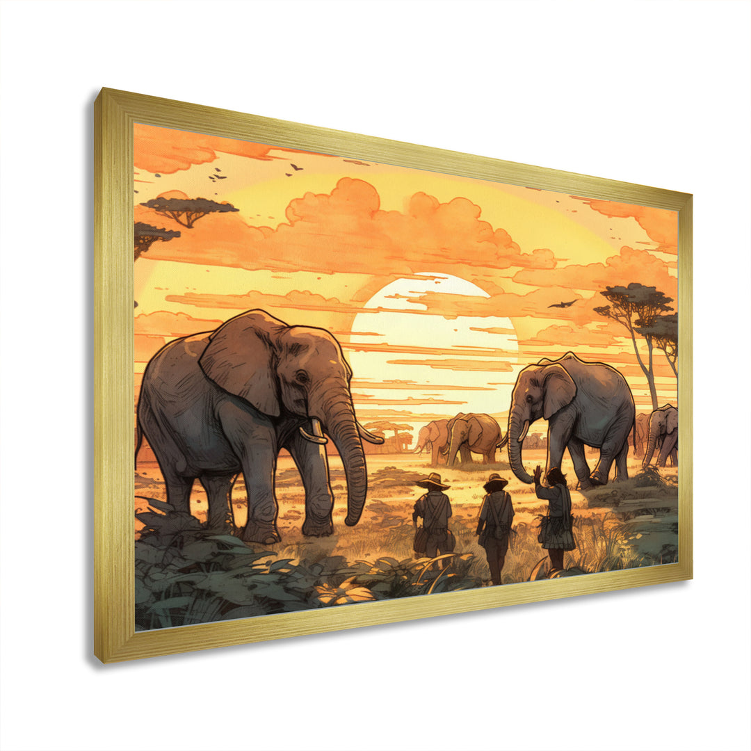 Yellow African Safari With Elephants - Elephant Large Canvas Wall Art