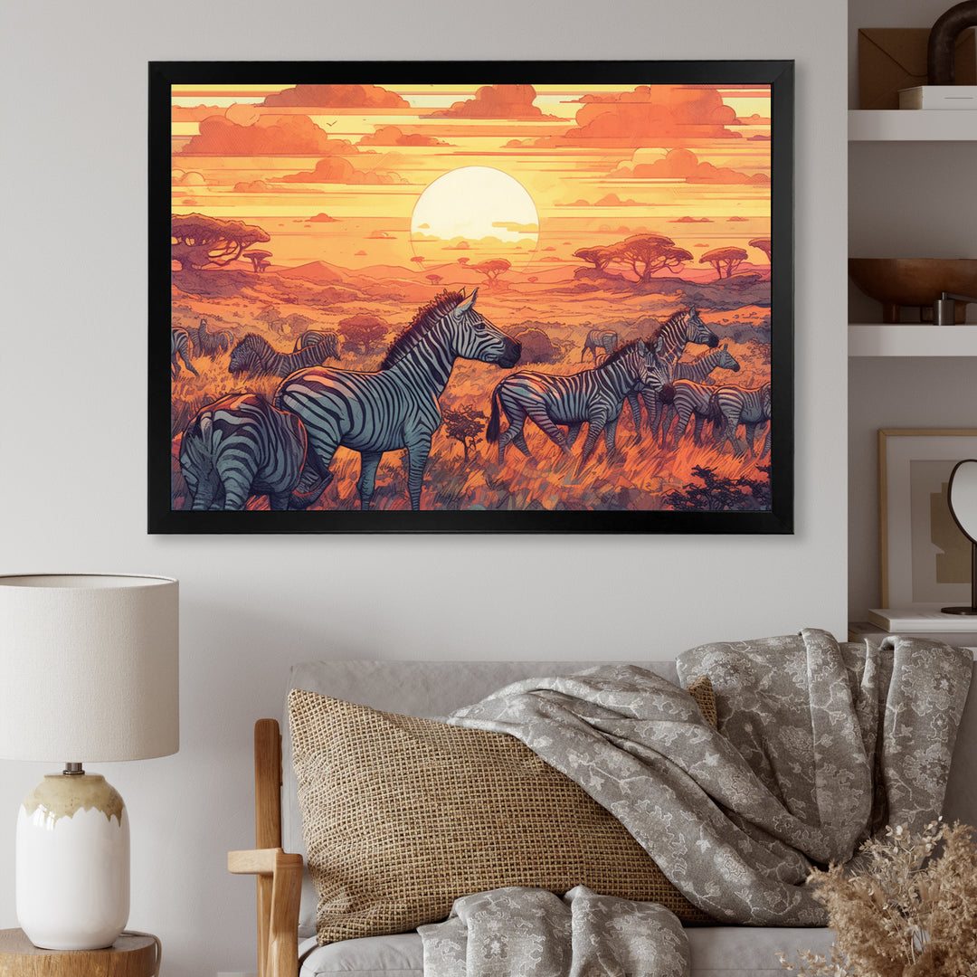 Orange African Safari With Zebras - Zebra Living Room Wall Art