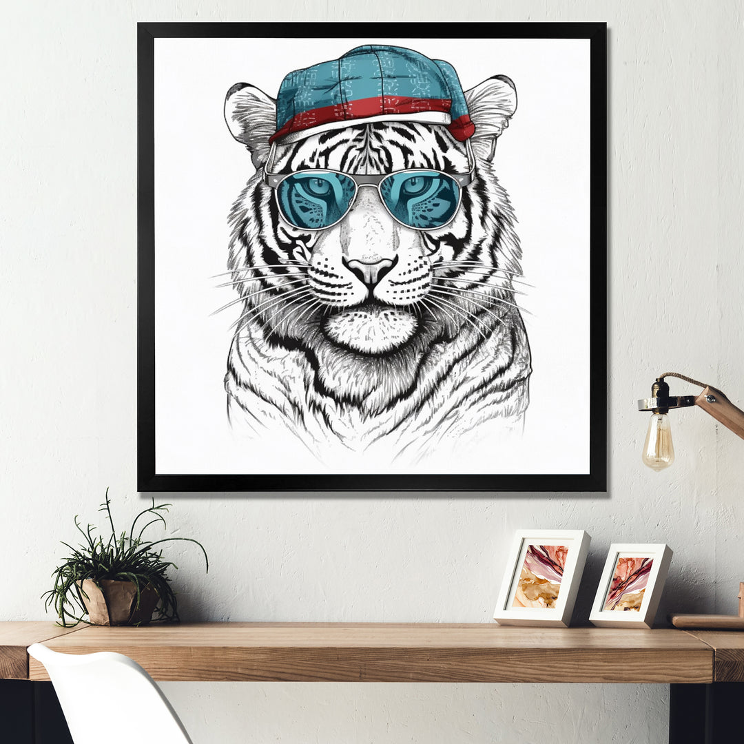 Blue Grey Tiger With Sunglasses - Tiger Fashion Canvas Wall Art