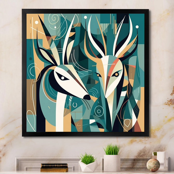 Green Beige Abstract Deer Portrait - Deer Wall Art Prints