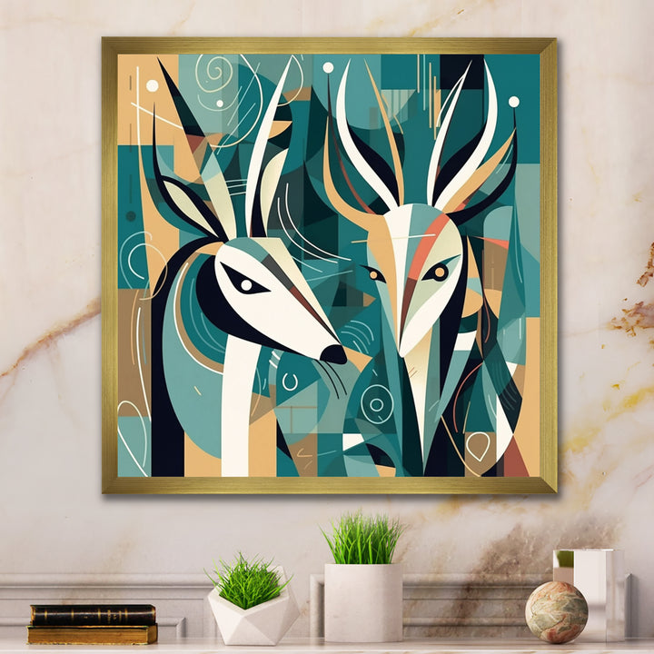 Green Beige Abstract Deer Portrait - Deer Wall Art Prints