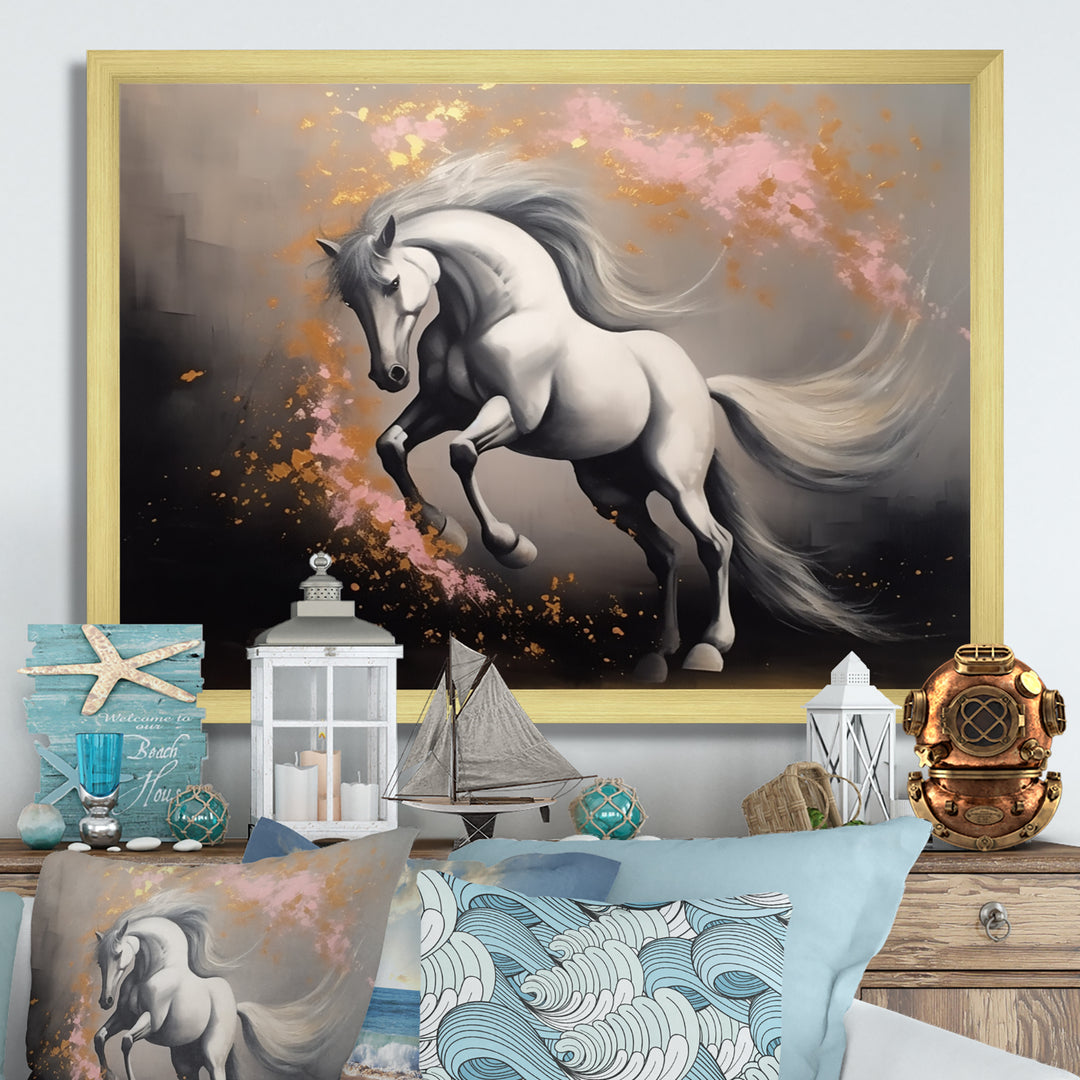 White Pink horse On The Run - Horse Framed Canvas Art