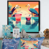 Blue Pink Flamingos In The Sea At Sunset - Flamingo Living Room Wall Art