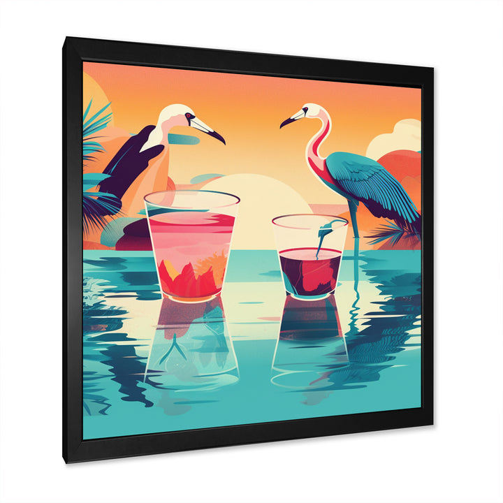 Blue Pink Flamingos In The Sea At Sunset - Flamingo Living Room Wall Art