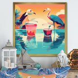 Blue Pink Flamingos In The Sea At Sunset - Flamingo Living Room Wall Art