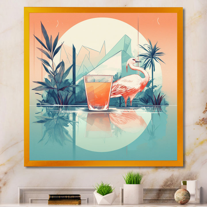 Orange Green Flamingo With A Drink - Flamingo Canvas Wall Art