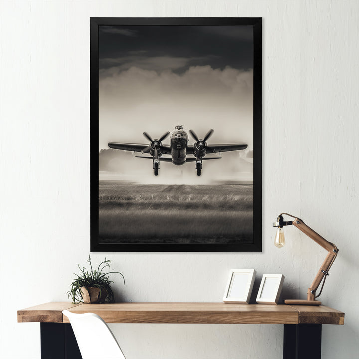 Grey And Airplane Landing - Plane Canvas Wall Art