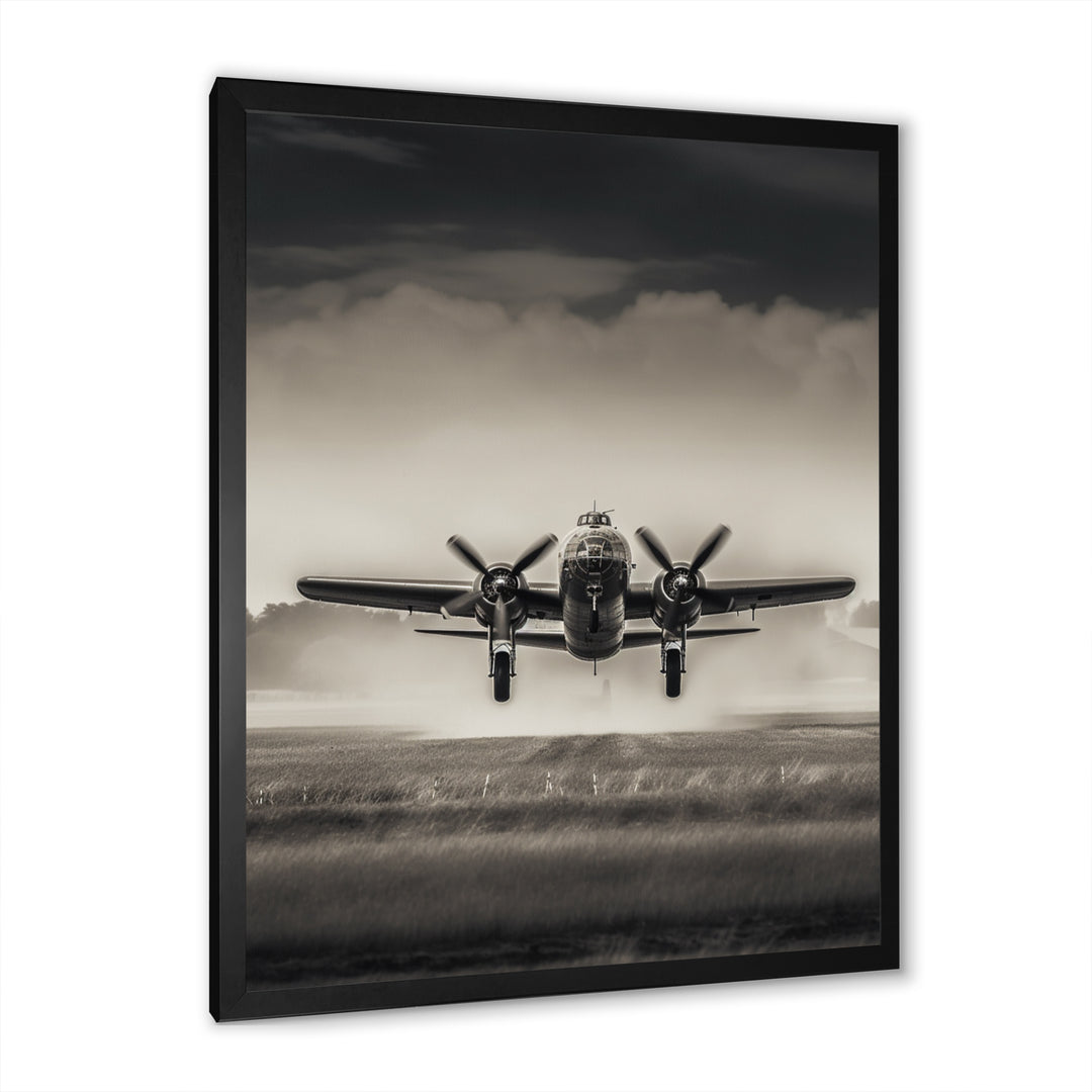 Grey And Airplane Landing - Plane Canvas Wall Art