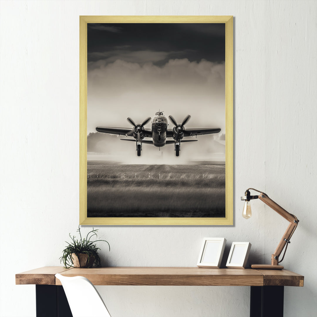 Grey And Airplane Landing - Plane Canvas Wall Art