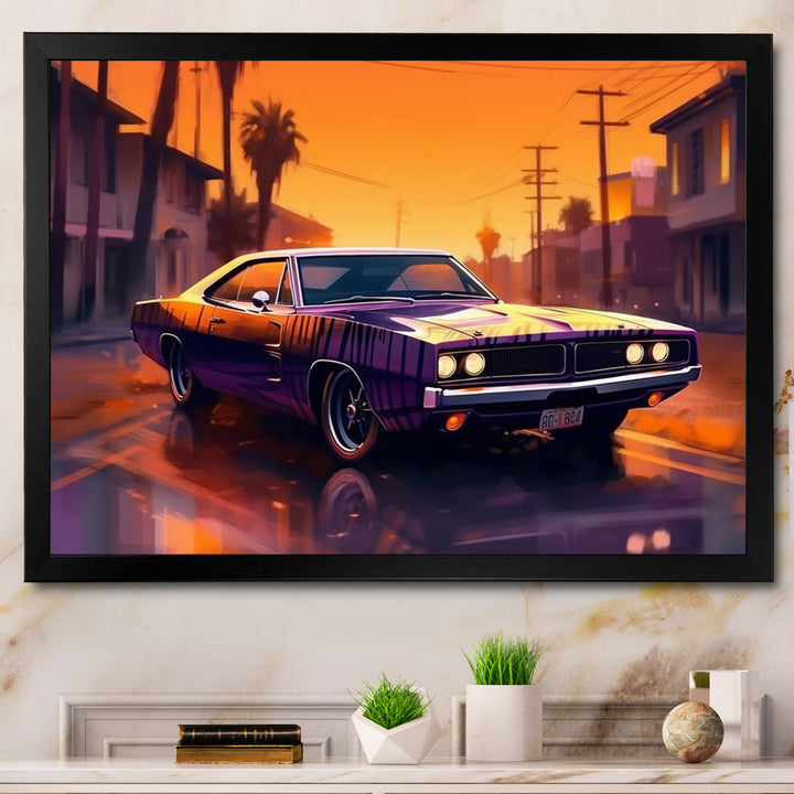 Purple And Yellow Roaring Legends - Cars American Muscle Canvas Wall Art