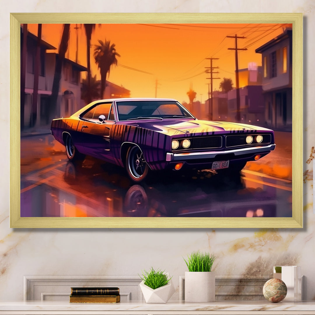 Purple And Yellow Roaring Legends - Cars American Muscle Canvas Wall Art