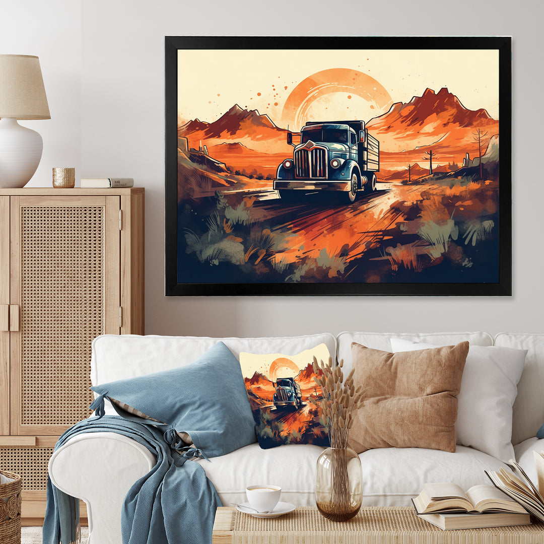 Orange And Blue Dusty Truck 53ft - Truck Trailer Canvas Wall Art