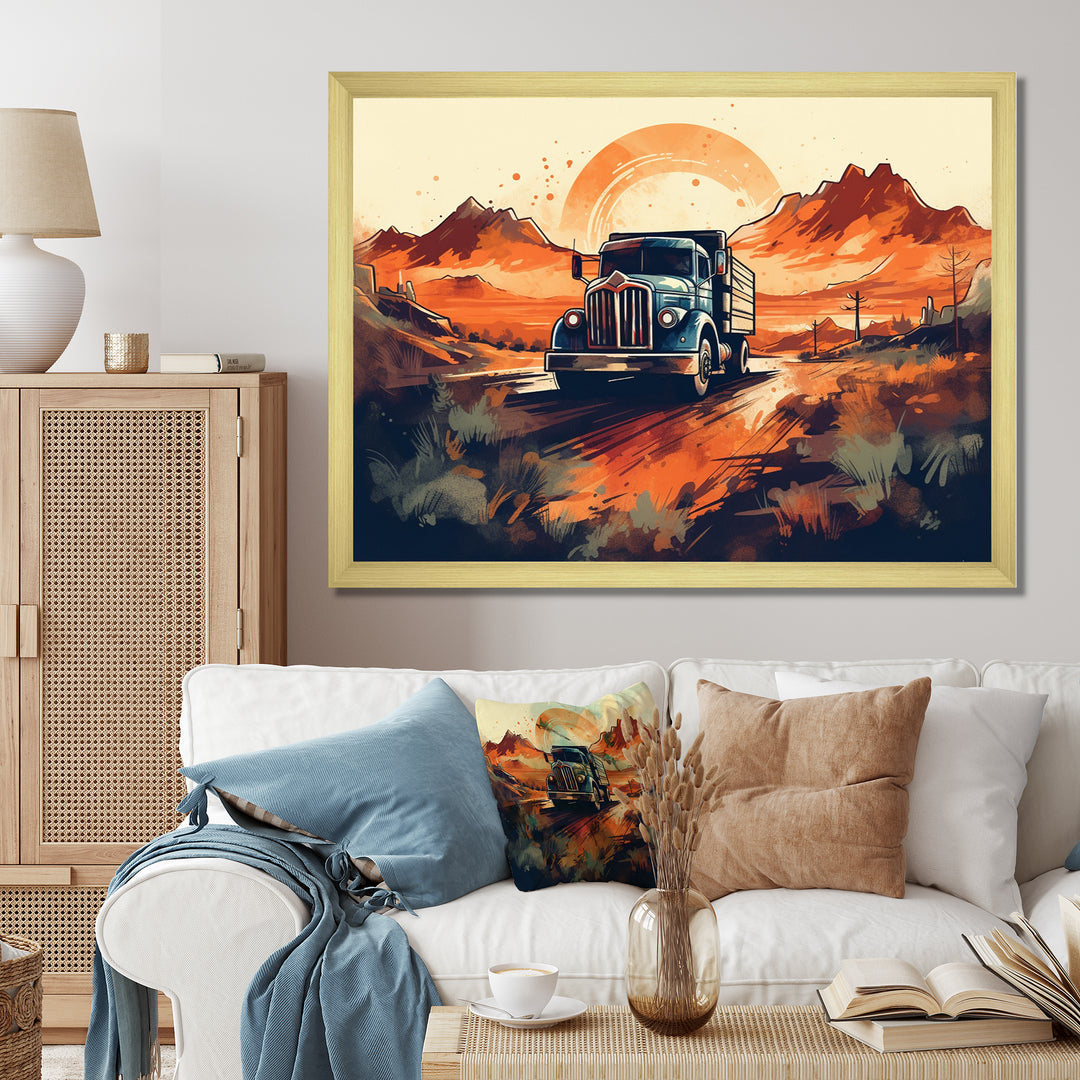 Orange And Blue Dusty Truck 53ft - Truck Trailer Canvas Wall Art