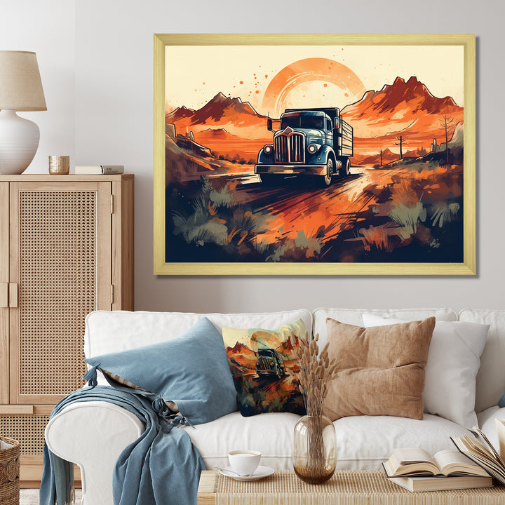 Orange And Blue Dusty Truck 53ft - Truck Trailer Canvas Wall Art