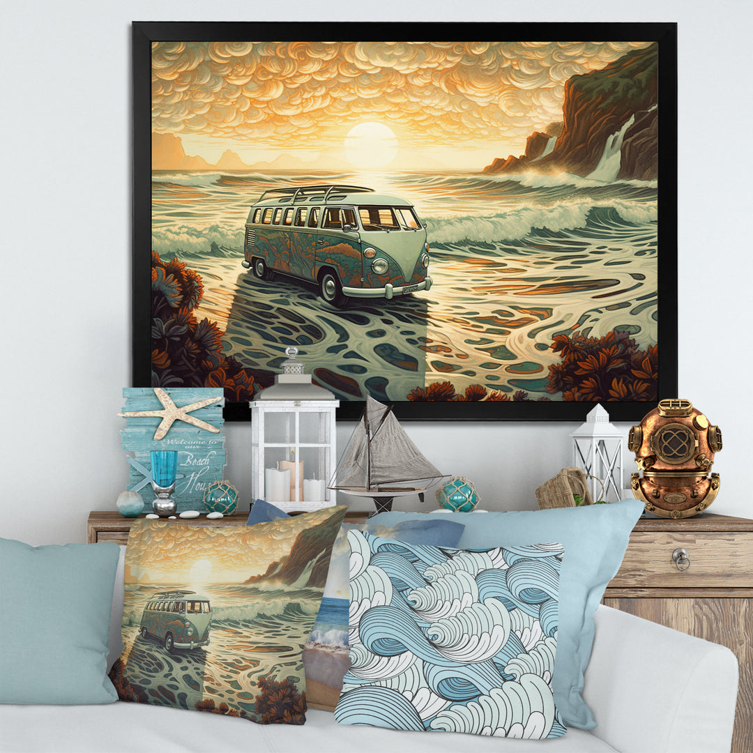 Green And Orange Retro Van On The Coastline I - Cars Retro Canvas Wall Art