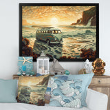 Green And Orange Retro Van On The Coastline I - Cars Retro Canvas Wall Art