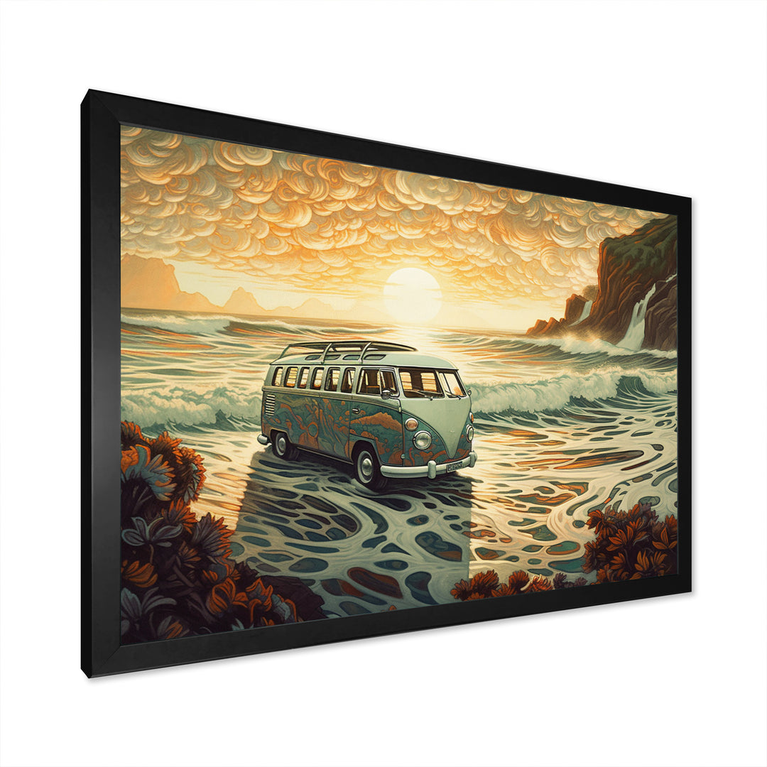 Green And Orange Retro Van On The Coastline I - Cars Retro Canvas Wall Art