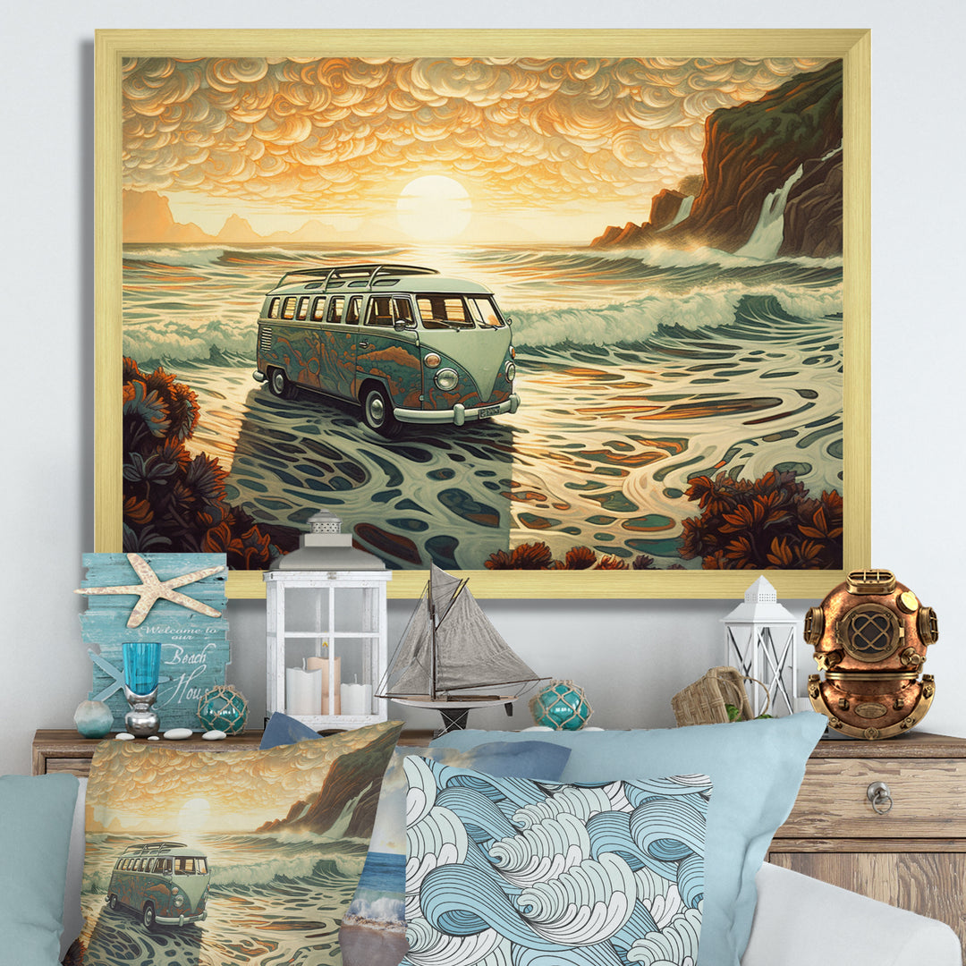 Green And Orange Retro Van On The Coastline I - Cars Retro Canvas Wall Art