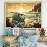 Green And Orange Retro Van On The Coastline I - Cars Retro Canvas Wall Art