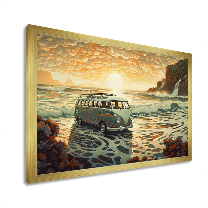 Green And Orange Retro Van On The Coastline I - Cars Retro Canvas Wall Art