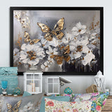 Golden White Butterfly Wings And Flowers I - Floral Canvas Wall Art