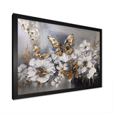 Golden White Butterfly Wings And Flowers I - Floral Canvas Wall Art