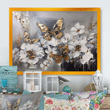 Golden White Butterfly Wings And Flowers I - Floral Canvas Wall Art