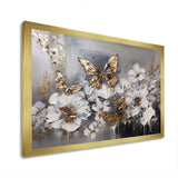 Golden White Butterfly Wings And Flowers I - Floral Canvas Wall Art