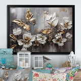 Golden White Butterfly Wings And Flowers III - Floral Canvas Wall Art