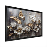 Golden White Butterfly Wings And Flowers III - Floral Canvas Wall Art