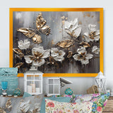 Golden White Butterfly Wings And Flowers III - Floral Canvas Wall Art