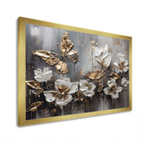 Golden White Butterfly Wings And Flowers III - Floral Canvas Wall Art