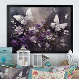 Purple And White Butterfly Wings And Flowers - Floral Canvas Wall Art