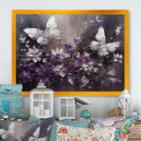 Purple And White Butterfly Wings And Flowers - Floral Canvas Wall Art