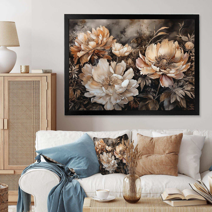 Cream Brown Peony Blooms In Motion - Floral Canvas Wall Art