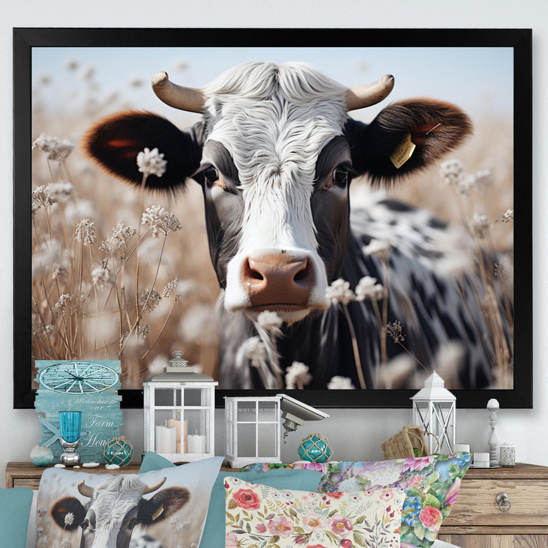 Cow Flower Grazing - White Cow Wall Art