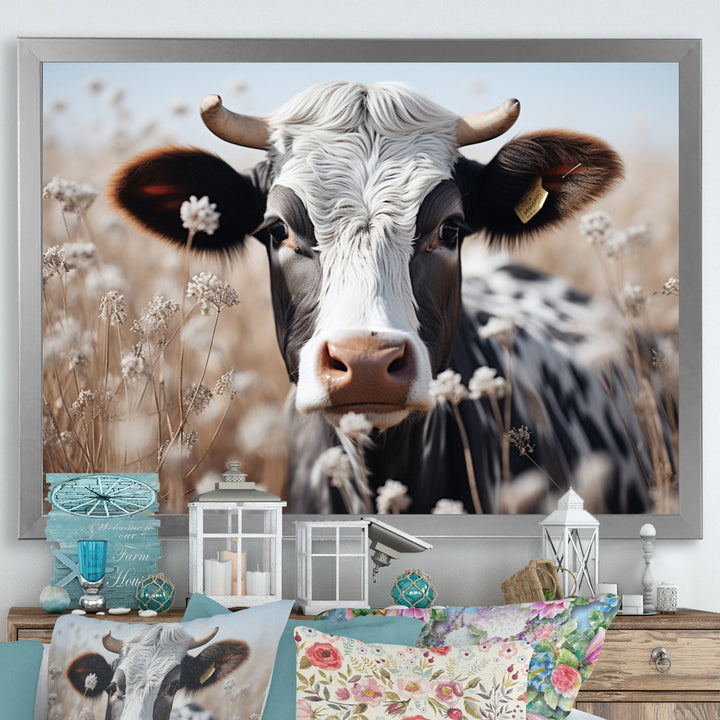 Cow Flower Grazing - White Cow Wall Art