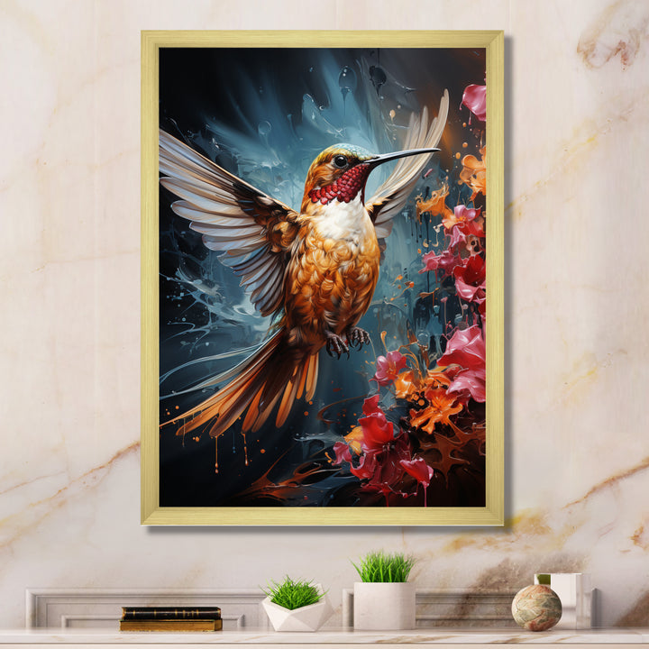 Teal Orange Animal Ruby Hummingbird Drips - Hummingbird Home Decor Art
