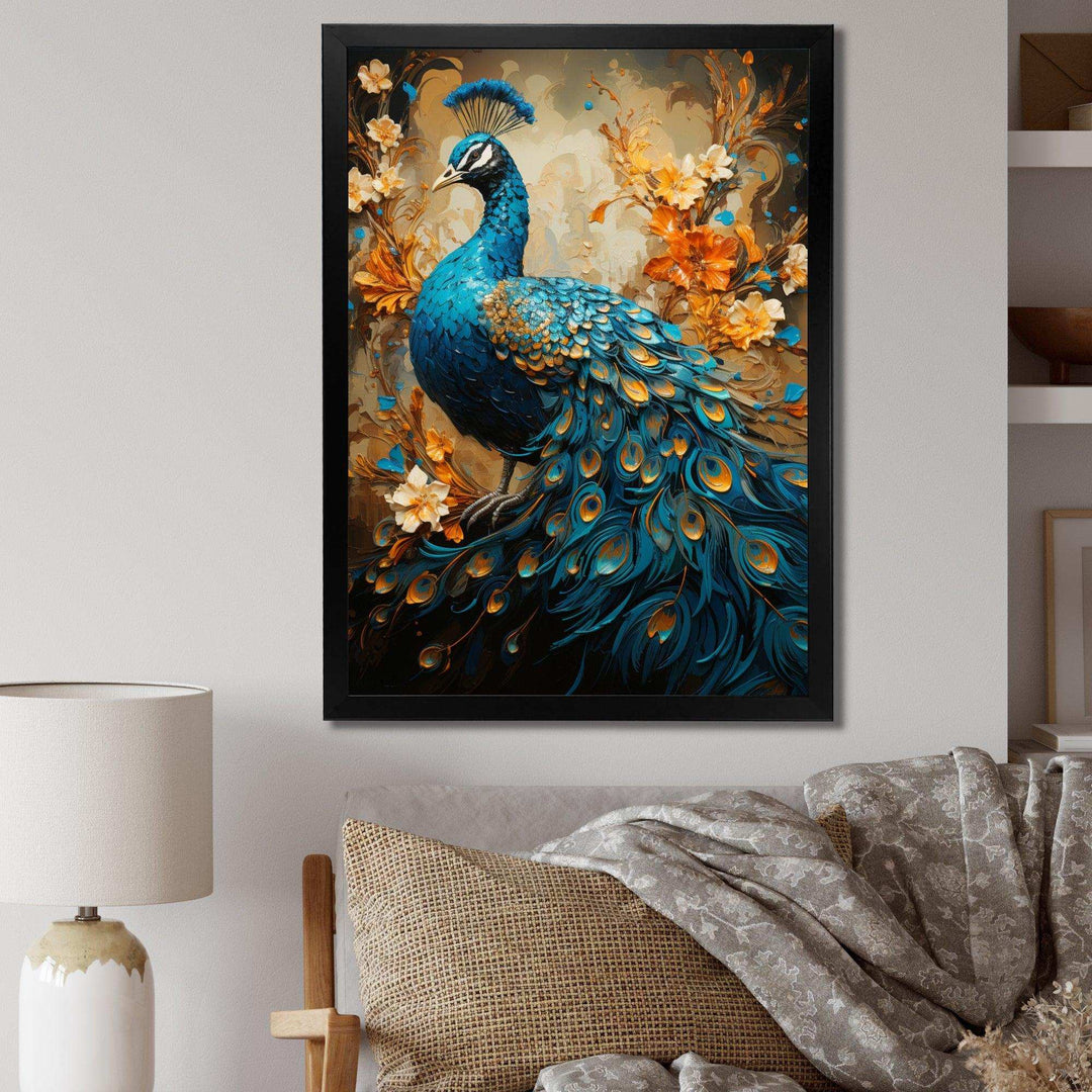 Teal Gold Emerald Peacock Drips - Animals Canvas Wall Art