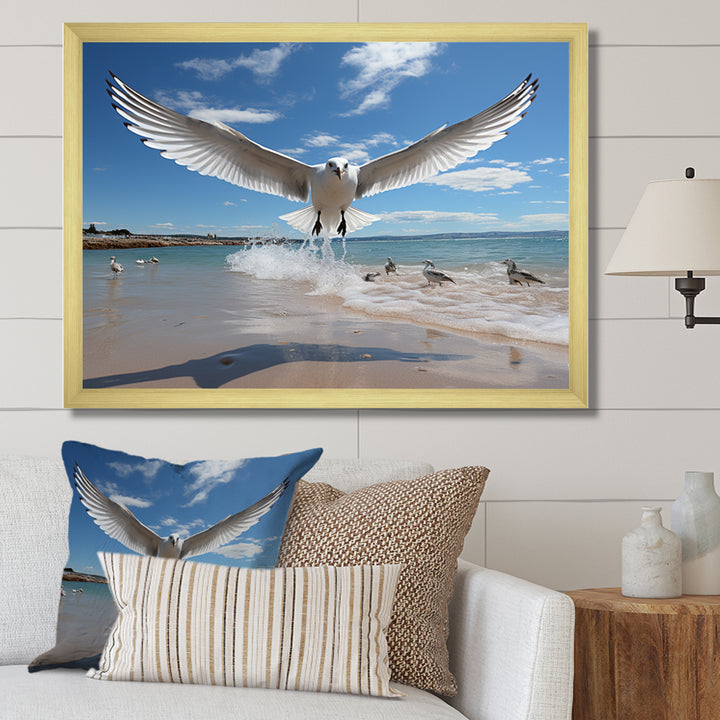 Blue Seagulls In Flight At Beach - Seagull Living Room Wall Art