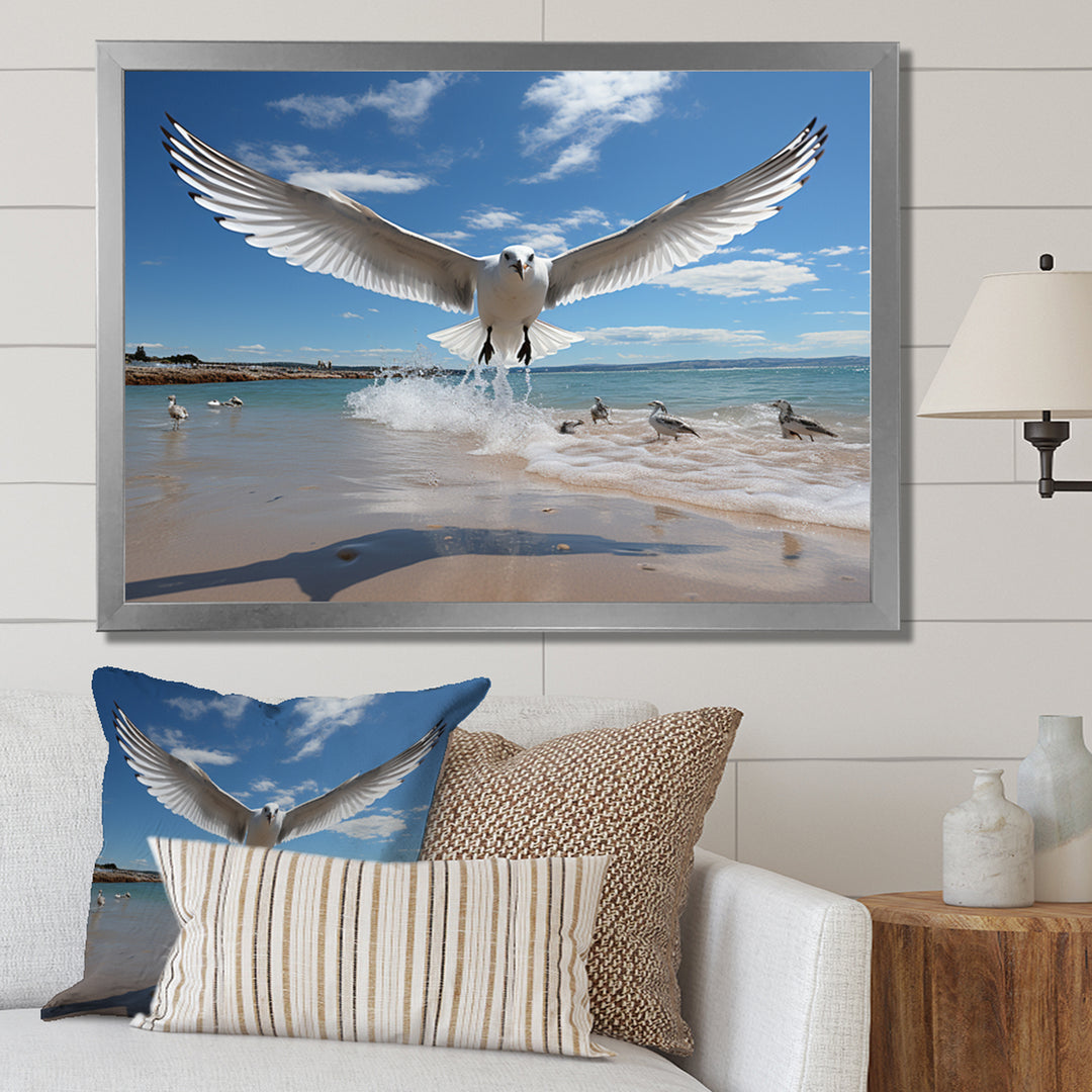 Blue Seagulls In Flight At Beach - Seagull Living Room Wall Art