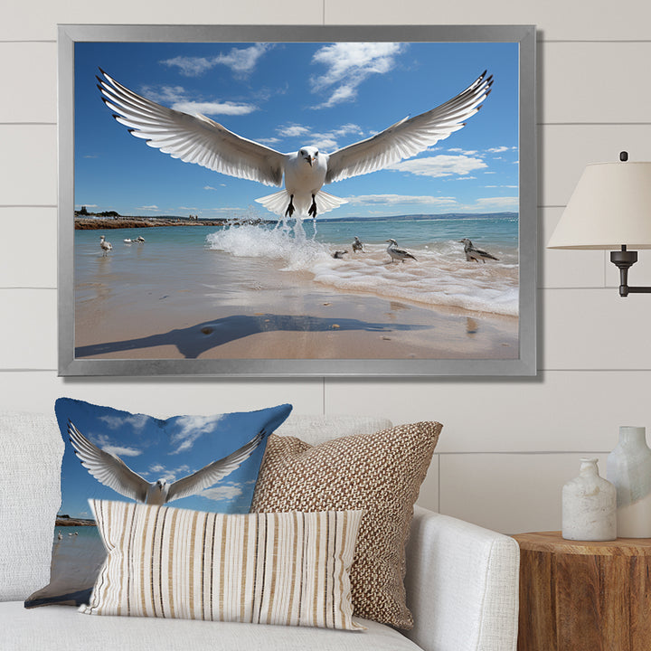 Blue Seagulls In Flight At Beach - Seagull Living Room Wall Art