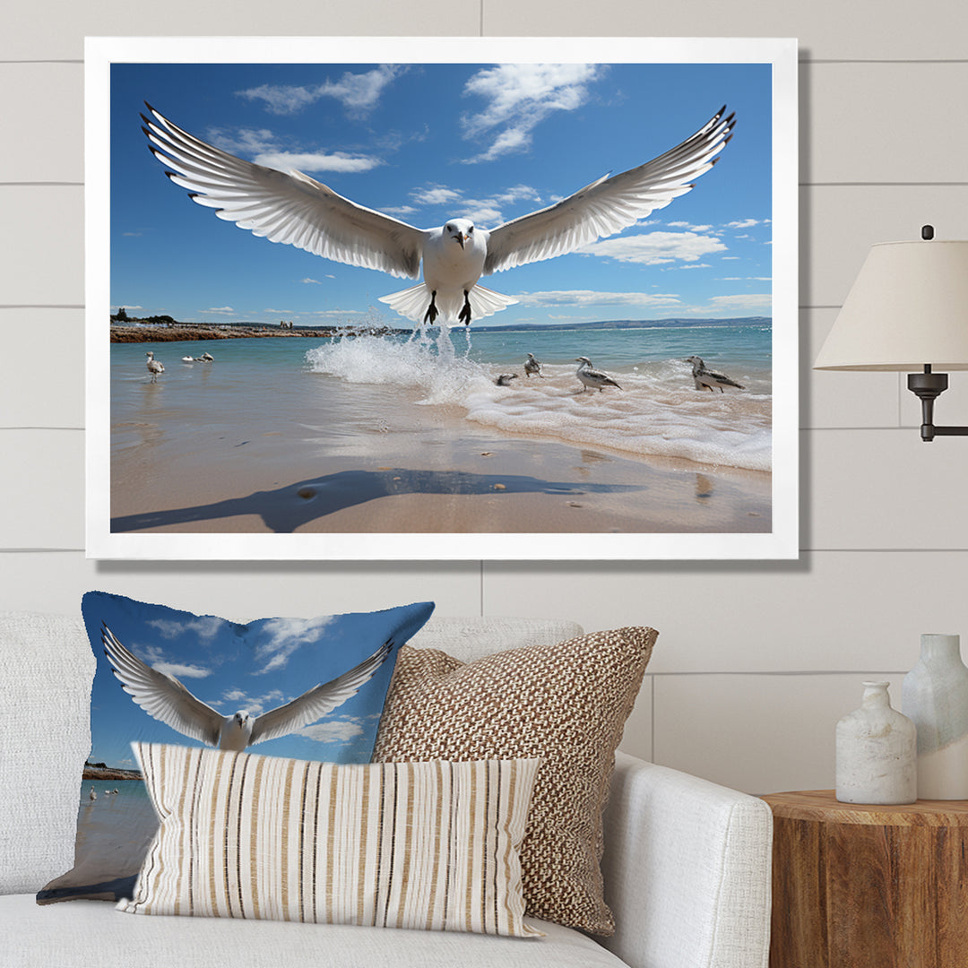 Blue Seagulls In Flight At Beach - Seagull Living Room Wall Art