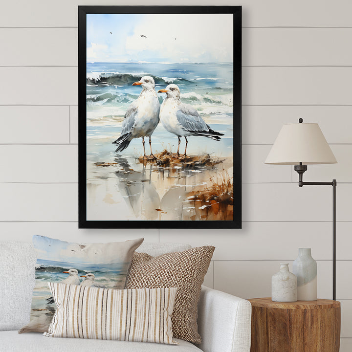 Abstract Beach Seagulls In Love - Seagull Framed Canvas Art