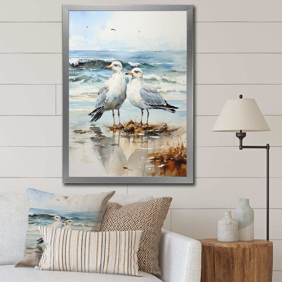 Abstract Beach Seagulls In Love - Seagull Framed Canvas Art