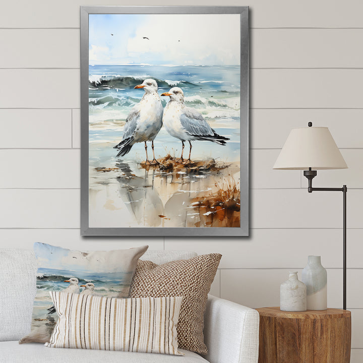 Abstract Beach Seagulls In Love - Seagull Framed Canvas Art