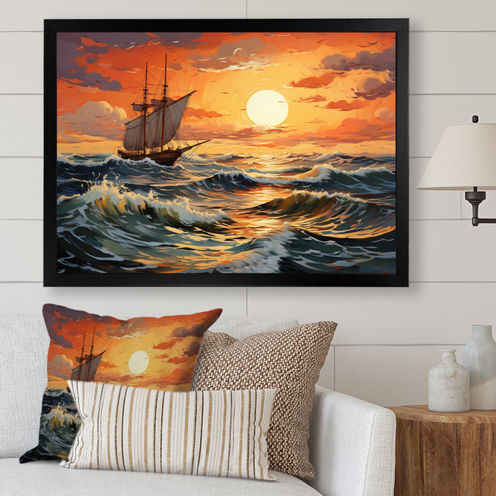 Orange Teal boat Energetic Storm I - Boat Canvas Wall Art