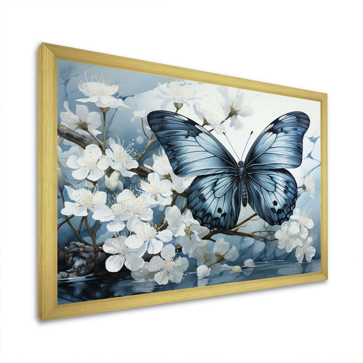Blue White Butterfly Reflection - Animals Canvas Wall Art