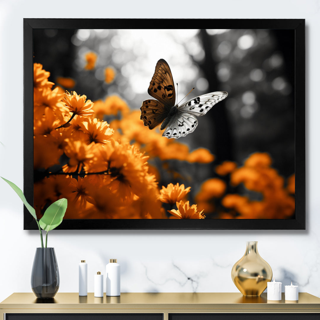 Orange Grey Butterfly Fluttering Grace - Orange Butterfly Wall Art