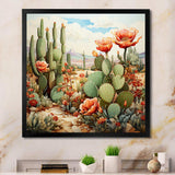 Coral Green Cactus Desert Blooms Pointillism III - Floral Canvas Wall Art